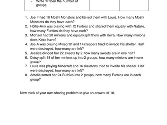 Halving/ Dividing by 2 Word Problems