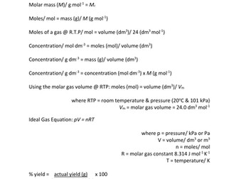OCRA Chemistry Equations List