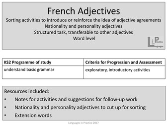 KS2 French Adjective agreement sorting activities - nationality and personality adjectives
