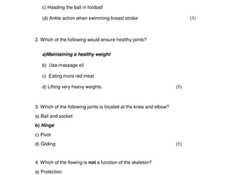 GCSE PE OCR New Specification 2016 End of Chapter Test - Skeleton, Joints and Movement Analysis