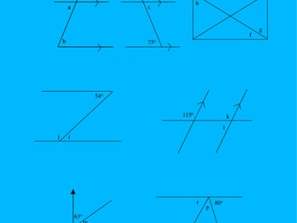 Angles worksheet covering all basic angle topics - triangles, parallel lines etc