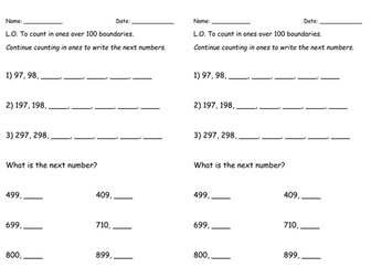 Counting Over 100 boundaries in 1s Worksheet
