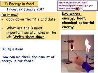 Energy in food (burning food practical) KS3 or KS4
