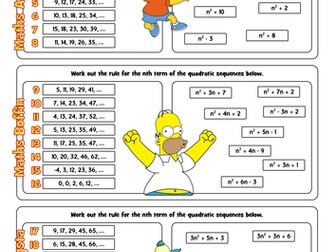 Quadratic sequences workheet with answer boxes to self-check