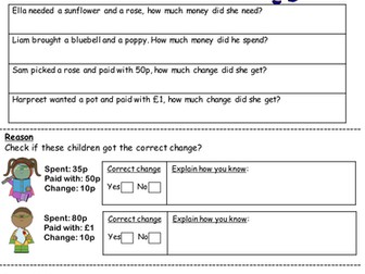 Mastery using adding and subtracting money Year 2