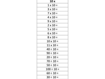 10 x tables worksheets