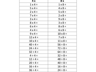 4x 8x tables worksheets