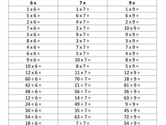 6x 7x 9x tables worksheets