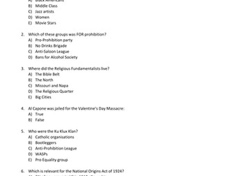 USA 1920s to 1930s Subject Knowledge Quiz
