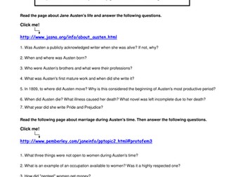 Pride and Prejudice context based web-quest (A3 Printout)
