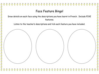French: Face Feature Bingo! Learn to describe what you look like. Listening activity.