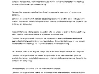 Comparative questions for A'Level Literature Paper 2