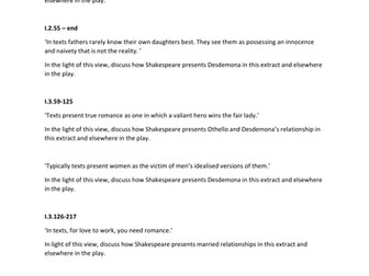 "Othello" questions for A'Level Literature