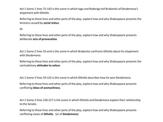 "Othello" exam questions for A'Level Language and Literature