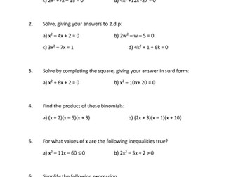 Higher Quadratics revision sheets
