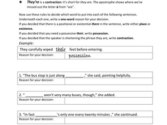 Their, there, they're: classroom or homework practice sheet - pupils to state reason for choice