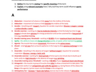 AQA GCSE PE - Colour coded glossary of key terminology: over 150 key terms!