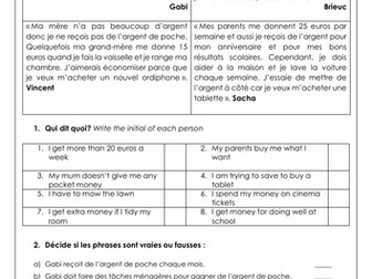 GCSE / KS3 French Pocket Money: l'argent de poche, family & home. Reading, vocabulary & translation
