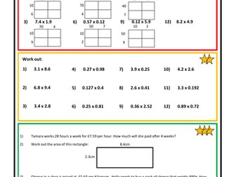 Differentiated Decimal Multiplication Worksheet