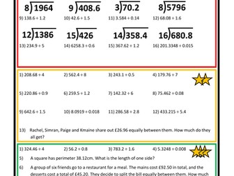 Differentiated Decimal Division Worksheet