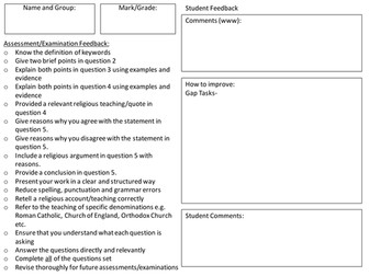 New GCSE RS 9-1 Post Assessment/Exam Feedback Sheet
