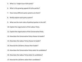 UK Government and Politics - British Politics Revision Questions