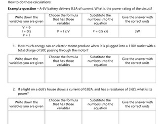 Physics 9-1 electrical power calculations