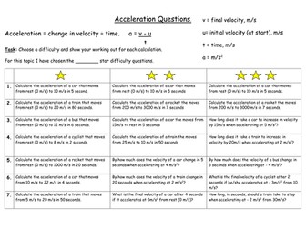 Differentiated Worksheet on Calculating Acceleration, Velocity and Time