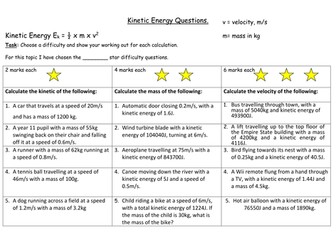 A differentiated worksheet on calculating kinetic energy