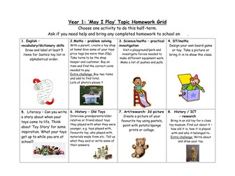 Toys and Games Topic Homework Grid