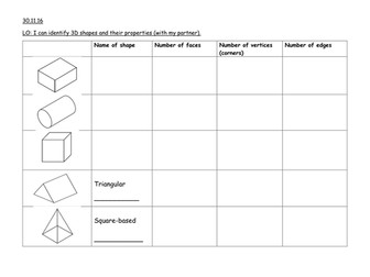 3D Shape Properties worksheet Year 2