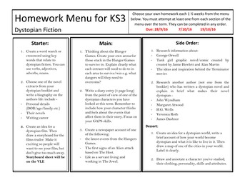Homework menu for dystopian fiction KS3