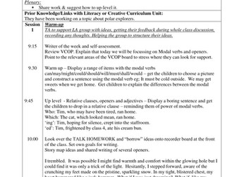 Descriptive story writing plan focussing on relative clauses and modal verbs
