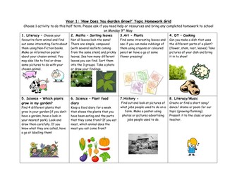Year 1 Growing and Farming Topic Homework Grid