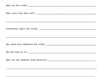 Crime Scene Investigation report sheet aimed at lower ability Y5.