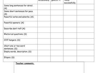 Success criteria  self and peer evaluation sheet for action and suspense writing
