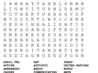 Autism Awareness Day Word Search