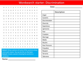 British Values Discrimination PHSE Keywords Starter Activities Wordsearch, Anagrams Crossword Cover