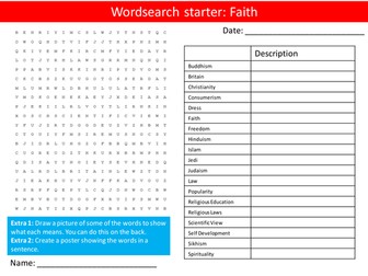 British Values Faith PHSE Keywords Starter Activities Wordsearch, Anagrams Crossword Cover