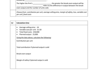 A Level Business Break Even Worksheet & Answers