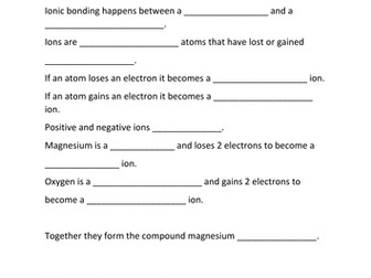 Plenary Fill the gap worksheet for ionic bonding