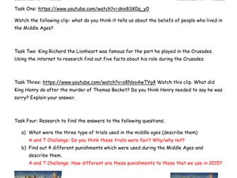 Medieval Life Homework Tasks