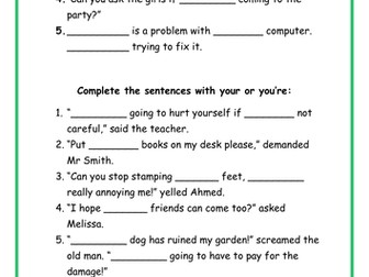 There, there or they're and your or you're homophone worksheet.