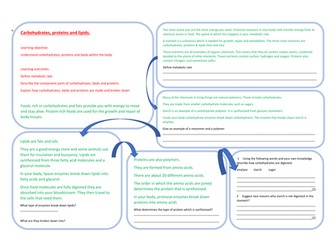 Carbohydrates, lipids and proteins learning mat GCSE Biology - Science