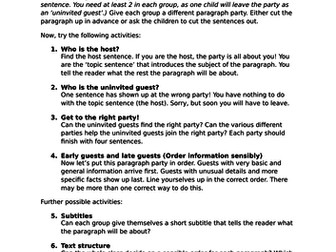 Paragraph Party! Organisation within a paragraph, fun whole class activity, space