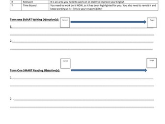 A Target setting sheet for Reading/ Writing / Speaking&Listening  using the SMART mnemonic