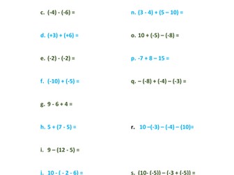 Addition and subtraction of integers with answers. For Year 7.