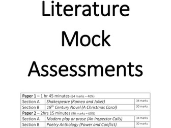 Year 10 and Year 11 AQA English Literature Mock Assessments Papers 1 and 2