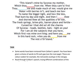 Caliban Language Worksheet