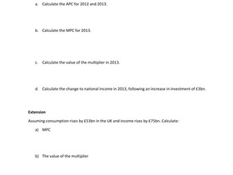 Worksheet on quantitative skills revision for Theme 2/4 Edexcel Economics